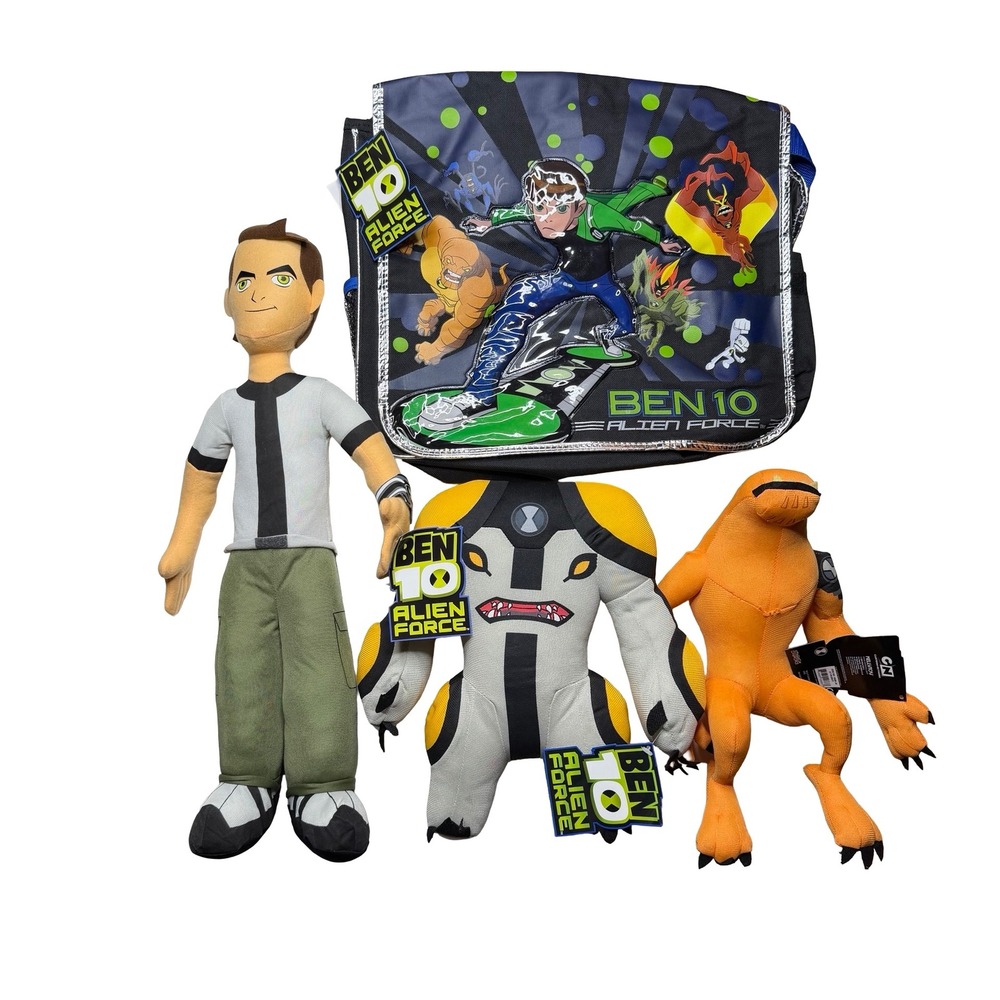 2000s Ben 10 Alien Lot - Ben Cannonbolt Wildmutt plush dolls and 1 messenger bag